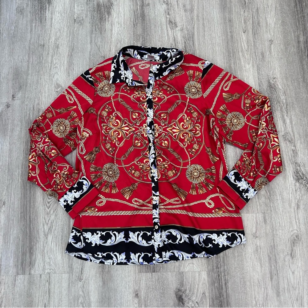 WD.NY Ropes Tassels Baroque Button Down Satin Shirt Womens 2X Japanese Gold Red